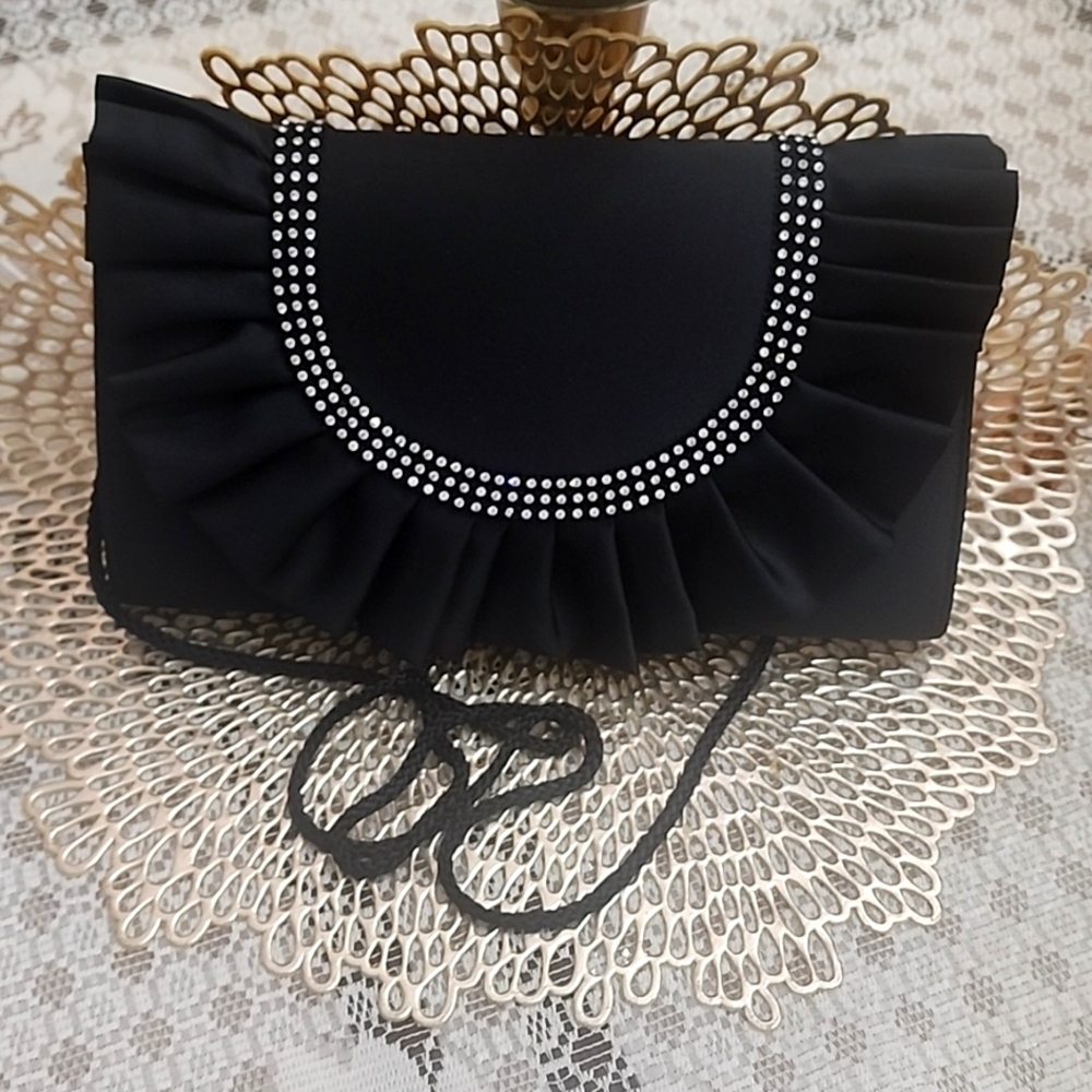 Carla Marchi elegant black satin evening purse with diamonds